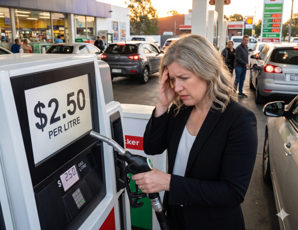 AI slop picture of New Brunswick Premier Susan Holt staring at high gas prices on a gas pump.